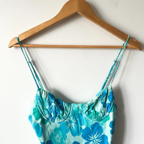 Zara Aloha Hawaiian Floral Satin Effect Bustier Mini Dress Blue Teal Size Medium - Picture 10 of 14